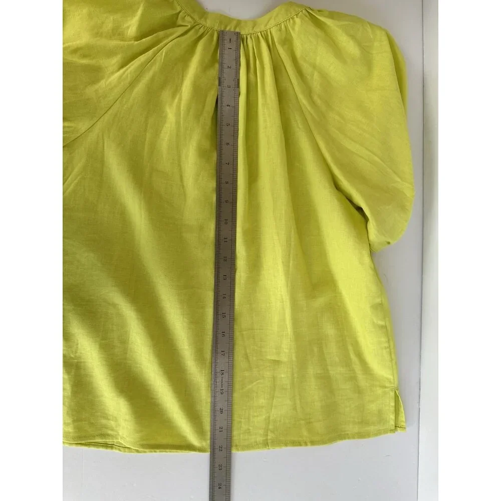 LOFT Womens Top Petite MP Neon Grn Linen Blend Tie Neck Puff Sleeve Peasant Boho